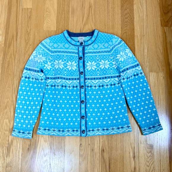 LL Bean Cardigan Sweater Wool Fair Isle Light Blue (M) - Picture 4 of 7